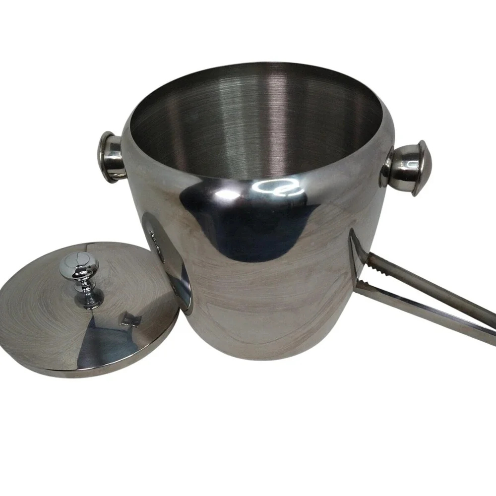 Vintage Stainless‎ Steel Ice Bucket Lidded With Tongs Mid Century Modern MCM
